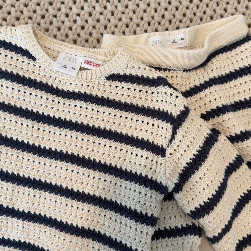 ZARA Toddler Set Navy and Cream Striped Crochet